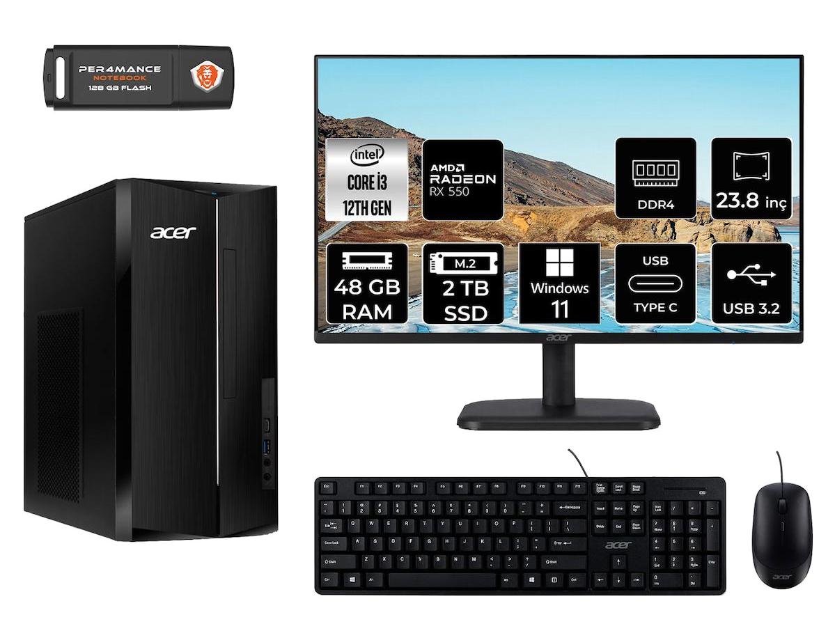 Acer Aspire TC1760 DT.BHUEM.004 Harici Radeon RX 550 Intel Core i3 12100 48 GB Ram 2 TB SSD Tower Windows 11 Pro 23.8 inç Monitörlü Masaüstü Bilgisayar