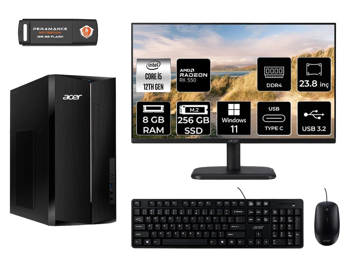 Acer Aspire TC1760 DT.BHUEM.005 Harici Radeon RX 550 Intel Core i5 12400 8 GB Ram 256 GB SSD Tower Windows 11 Home 23.8 inç Monitörlü Masaüstü Bilgisayar