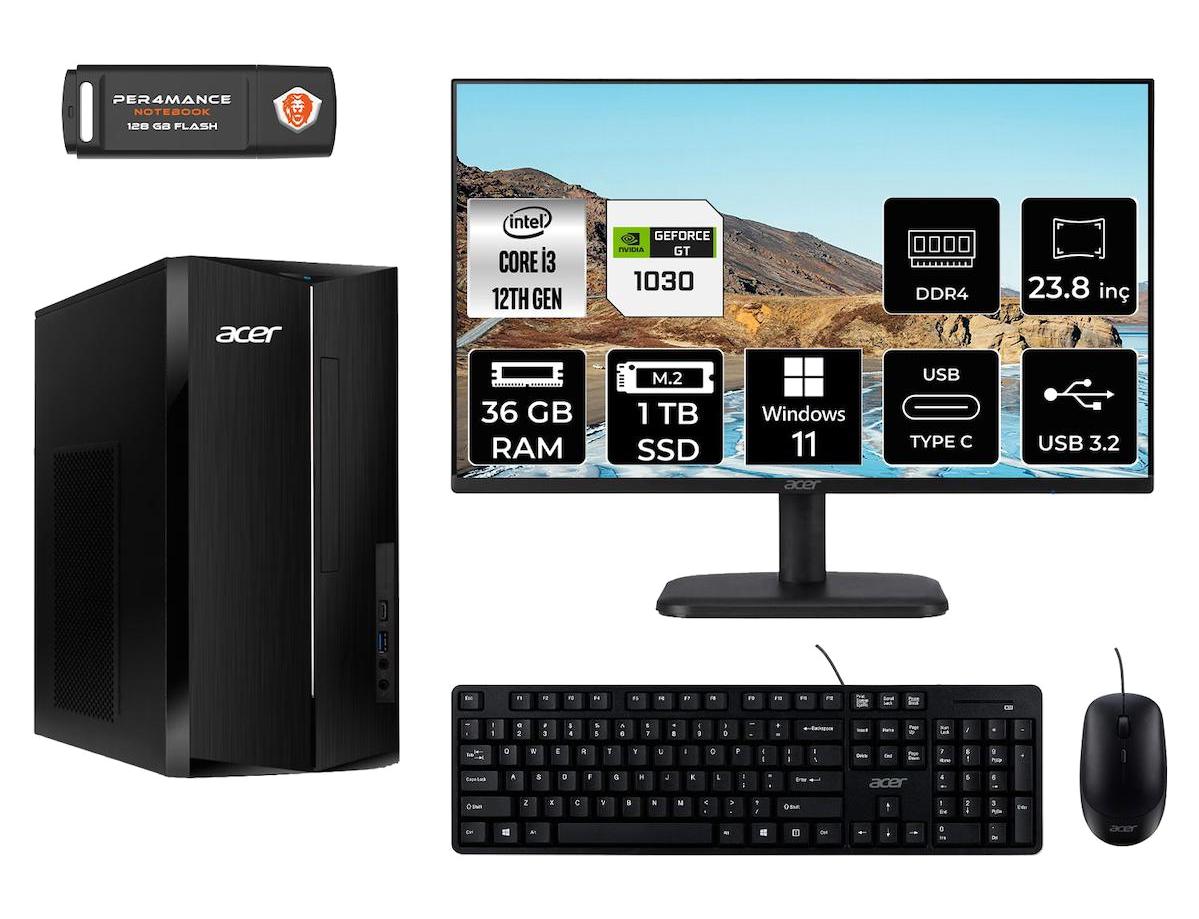 Acer Aspire TC1760 DT.BHUEM.004 Harici GeForce GT 1030 Intel Core i3 12100 36 GB Ram 1 TB SSD Tower Windows 11 Home 23.8 inç Monitörlü Masaüstü Bilgisayar