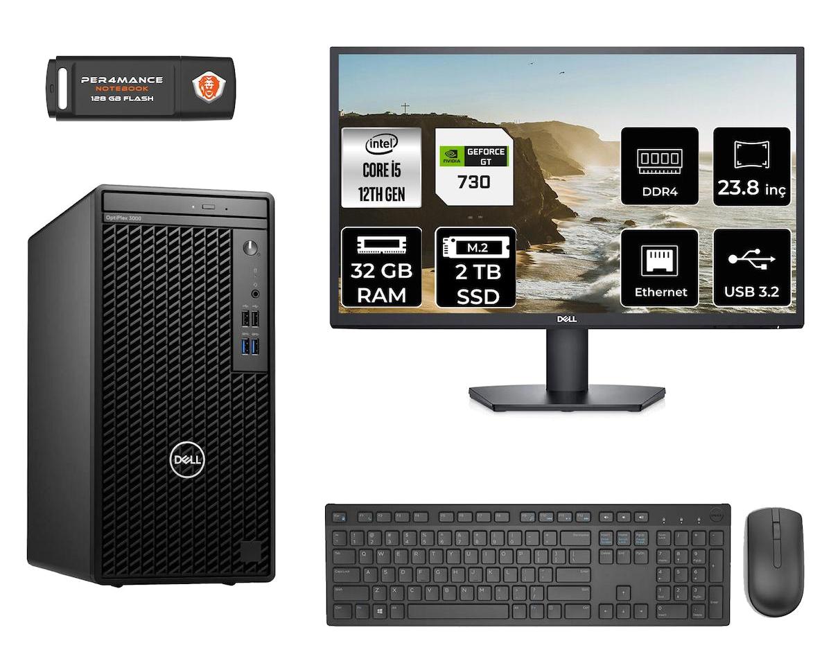 Dell OptiPlex 3000MT N010O3000MTAC Harici GeForce GT 730 4 GB Intel Core i5 12500 32 GB Ram 2 TB SSD Tower FreeDos 23.8 inç Monitörlü Masaüstü Bilgisayar