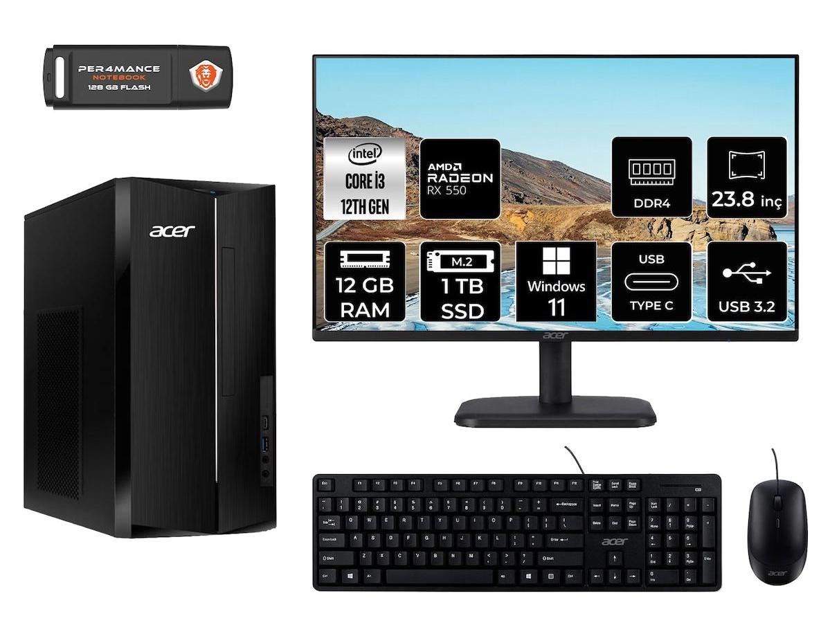 Acer Aspire TC1760 DT.BHUEM.004 Harici Radeon RX 550 Intel Core i3 12100 12 GB Ram 1 TB SSD Tower Windows 11 Pro 23.8 inç Monitörlü Masaüstü Bilgisayar