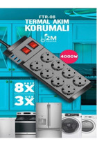 Smayli̇ng Termal Akım Korumalı 8'li Soket 2 metre Kablolu Çiftli Akım Korumalı Priz