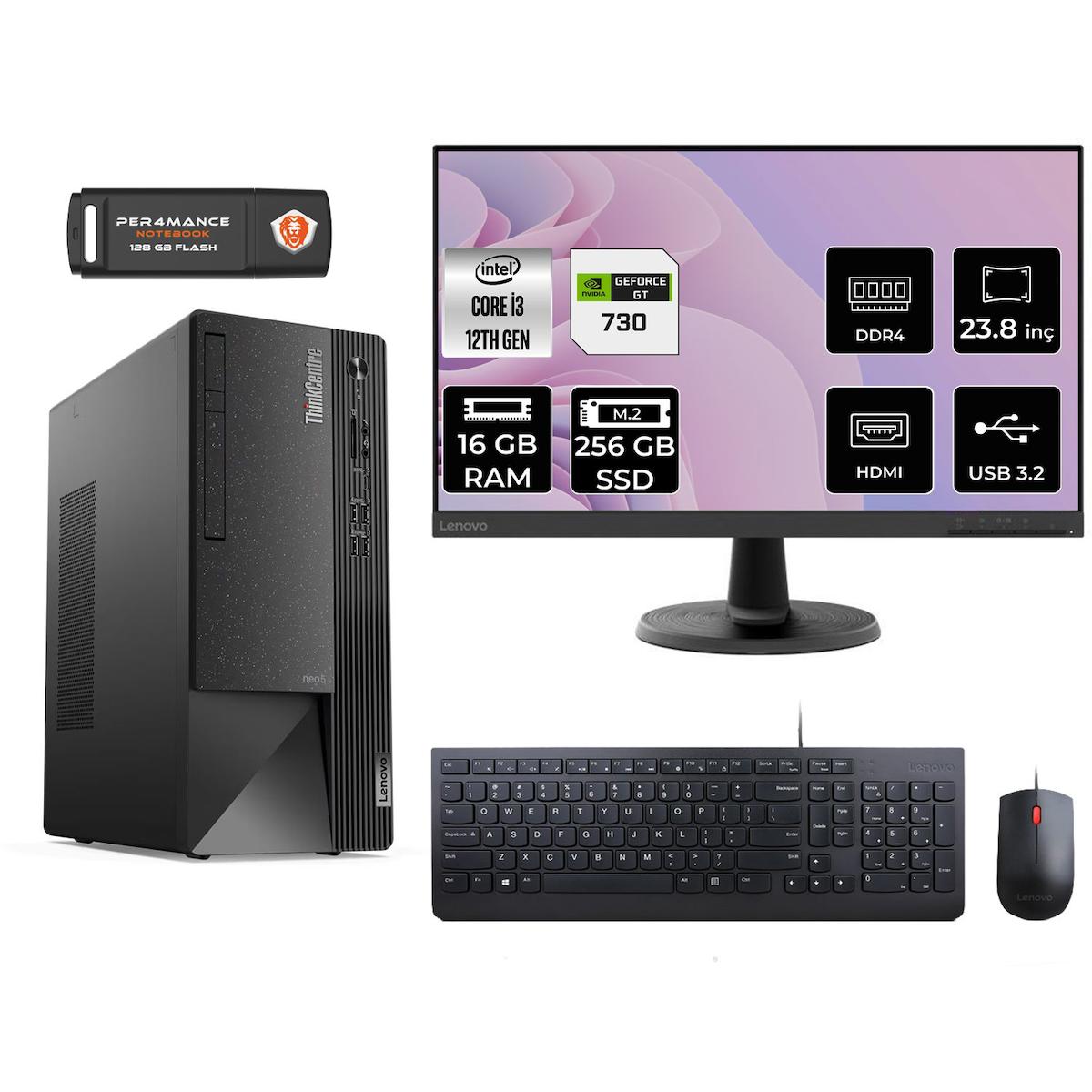 Lenovo Thinkcentre Neo 50T 11SC001ATX Harici GeForce GT 730 4 GB Intel Core i3 12100 16 GB Ram 256 GB SSD Tower FreeDos 23.8 inç Monitörlü Masaüstü Bilgisayar