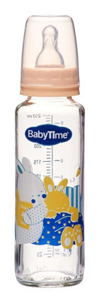 Babytime Bt073-C Cam Antikolik Yenidoğan Yavaş Akışlı 0-6 Ay Desenli Pembe Damaklı Biberon Seti 250 ml