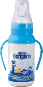 Bambino Kiraz Uçlu Cam Yenidoğan Yavaş Akışlı Kulplu 0+ Ay Desenli Mavi Damaklı Biberon Seti 125 ml