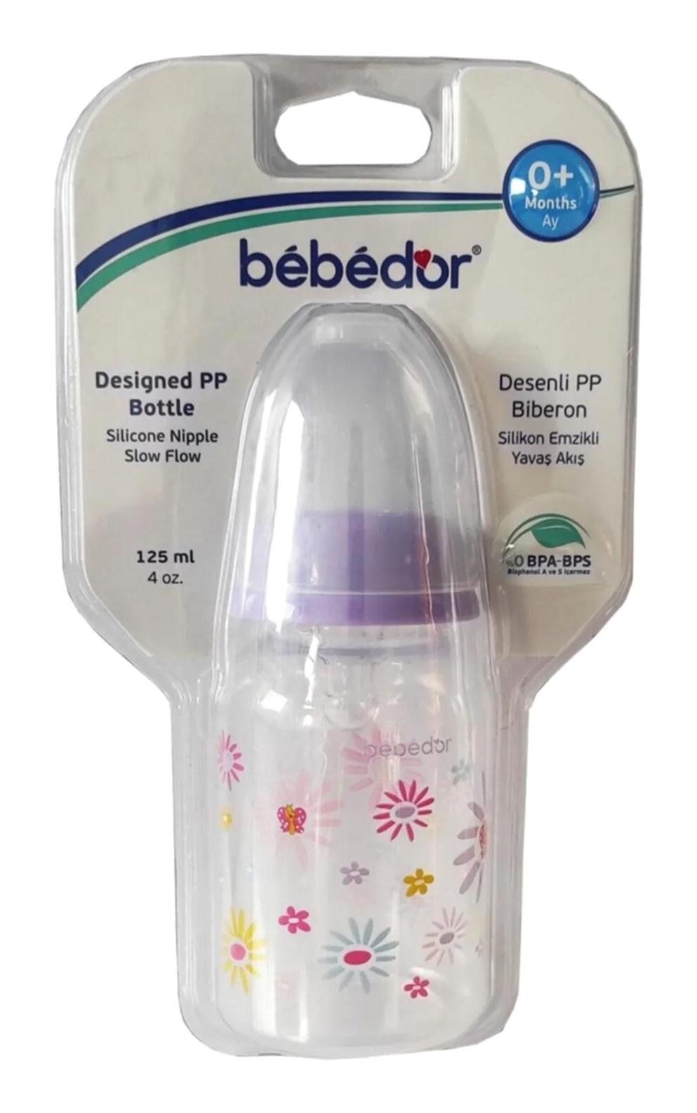 Bebedor 23302 Plastik Antikolik Yavaş Akışlı 0+ Ay Desenli Mor Damaklı Biberon Seti 125 ml
