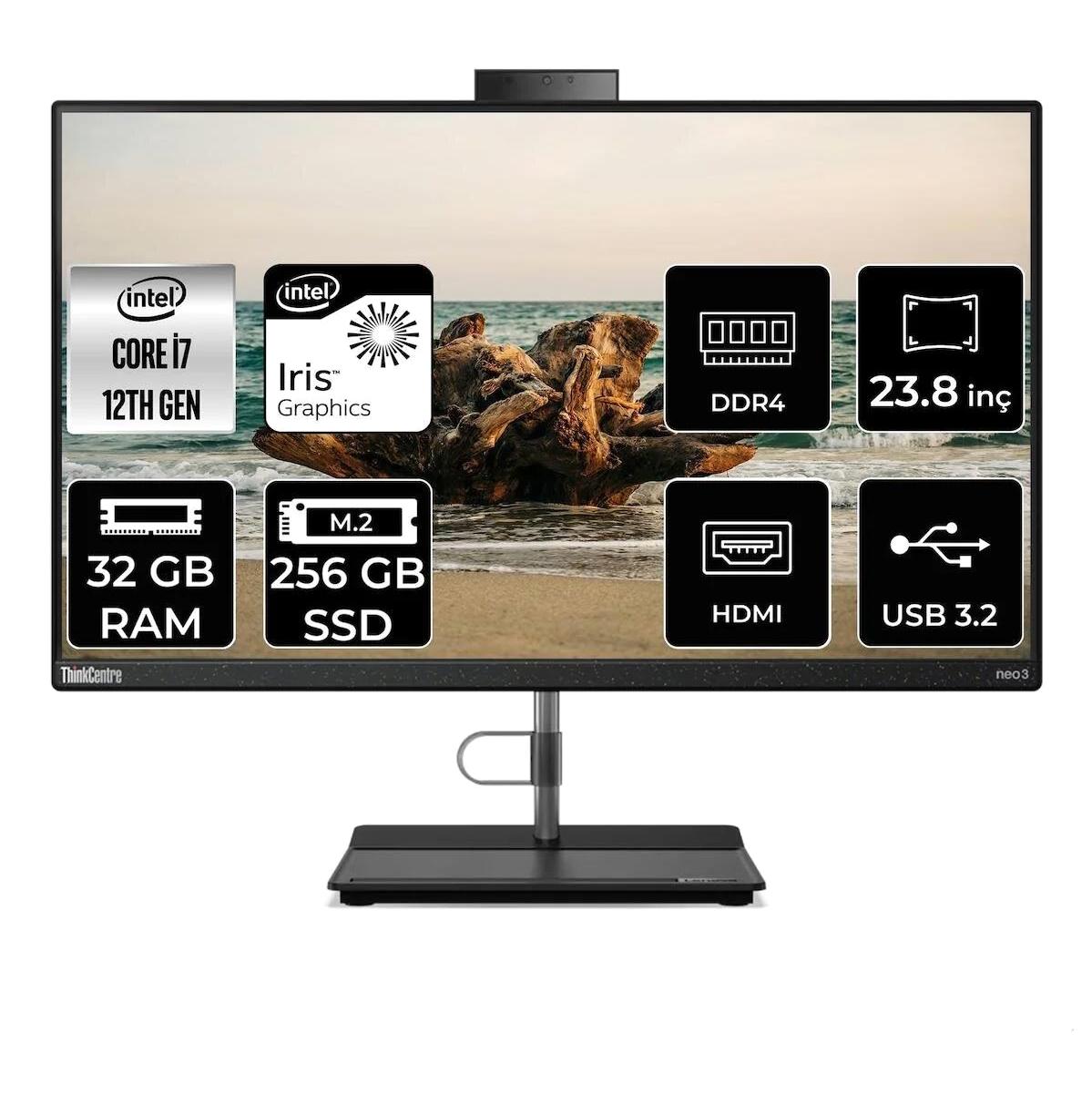 Lenovo ThinkCentre Neo 30A 12B0008JTX Dahili Iris Xe Graphics Intel Core i7 1260P 32 GB Ram 256 GB SSD 23.8 inç Full HD Freedos All In One Bilgisayar