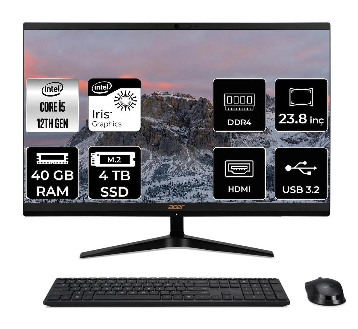 Acer Aspire C24-1700 DQ.BJWEM.006 Dahili Iris Xe Graphics Intel Core i5 1235U 40 GB Ram 4 TB SSD 23.8 inç Full HD Freedos All In One Bilgisayar