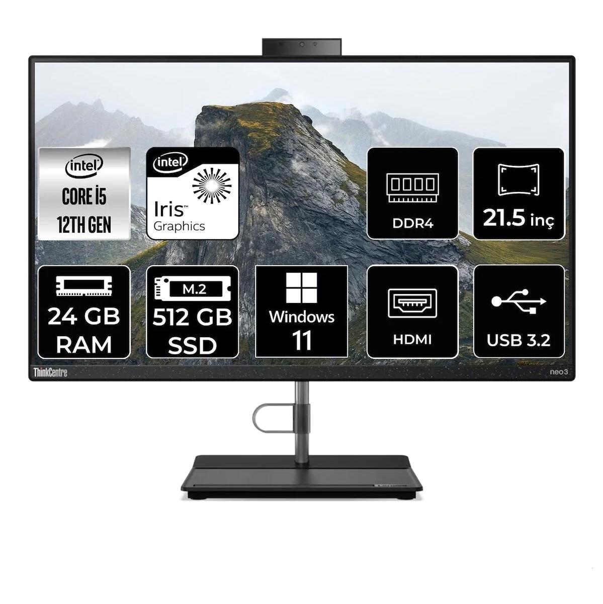 Lenovo ThinkCentre Neo 30A 12B3003XTX Dahili Iris Xe Graphics Intel Core i5 1235U 24 GB Ram 512 GB SSD 21.5 inç Full HD Windows 11 Home All In One Bilgisayar