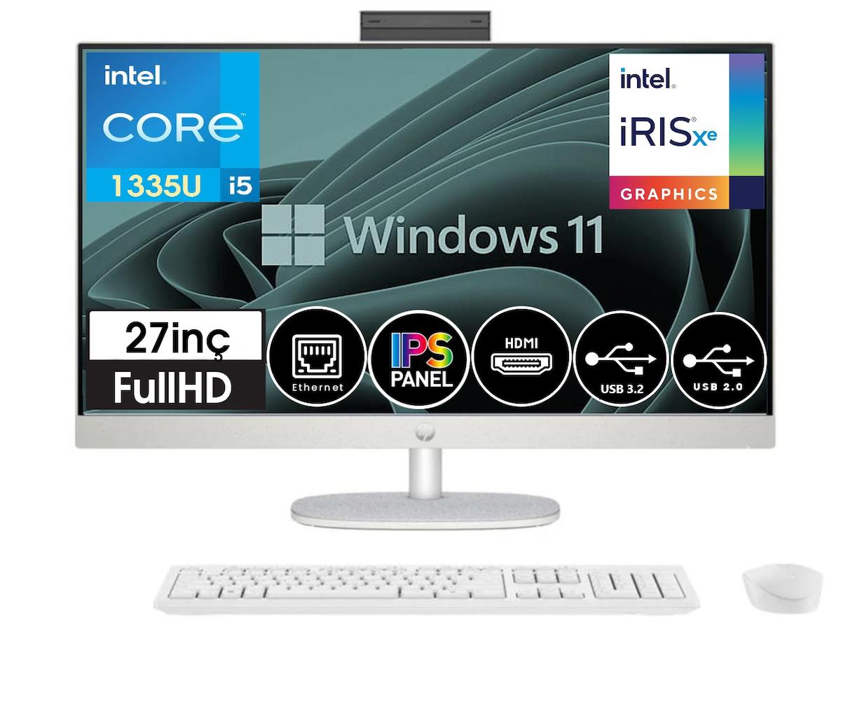 Hp 27-CR0007NTT 8898B7EA09 Dahili Iris Xe Graphics Intel Core i5 1335U 64 GB Ram 2 TB SSD 27 inç Full HD Windows 11 Home All In One Bilgisayar + Zetta Flash Bellek