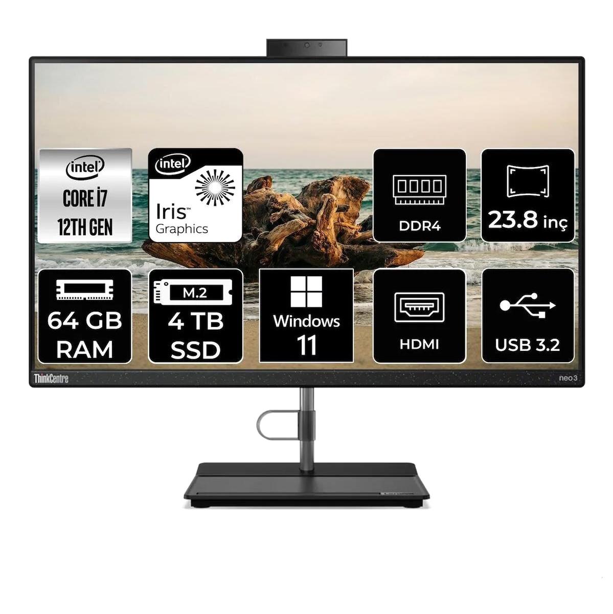 Lenovo ThinkCentre Neo 30A 12B0008JTX Dahili Iris Xe Graphics Intel Core i7 1260P 64 GB Ram 4 TB SSD 23.8 inç Full HD Windows 11 Pro All In One Bilgisayar