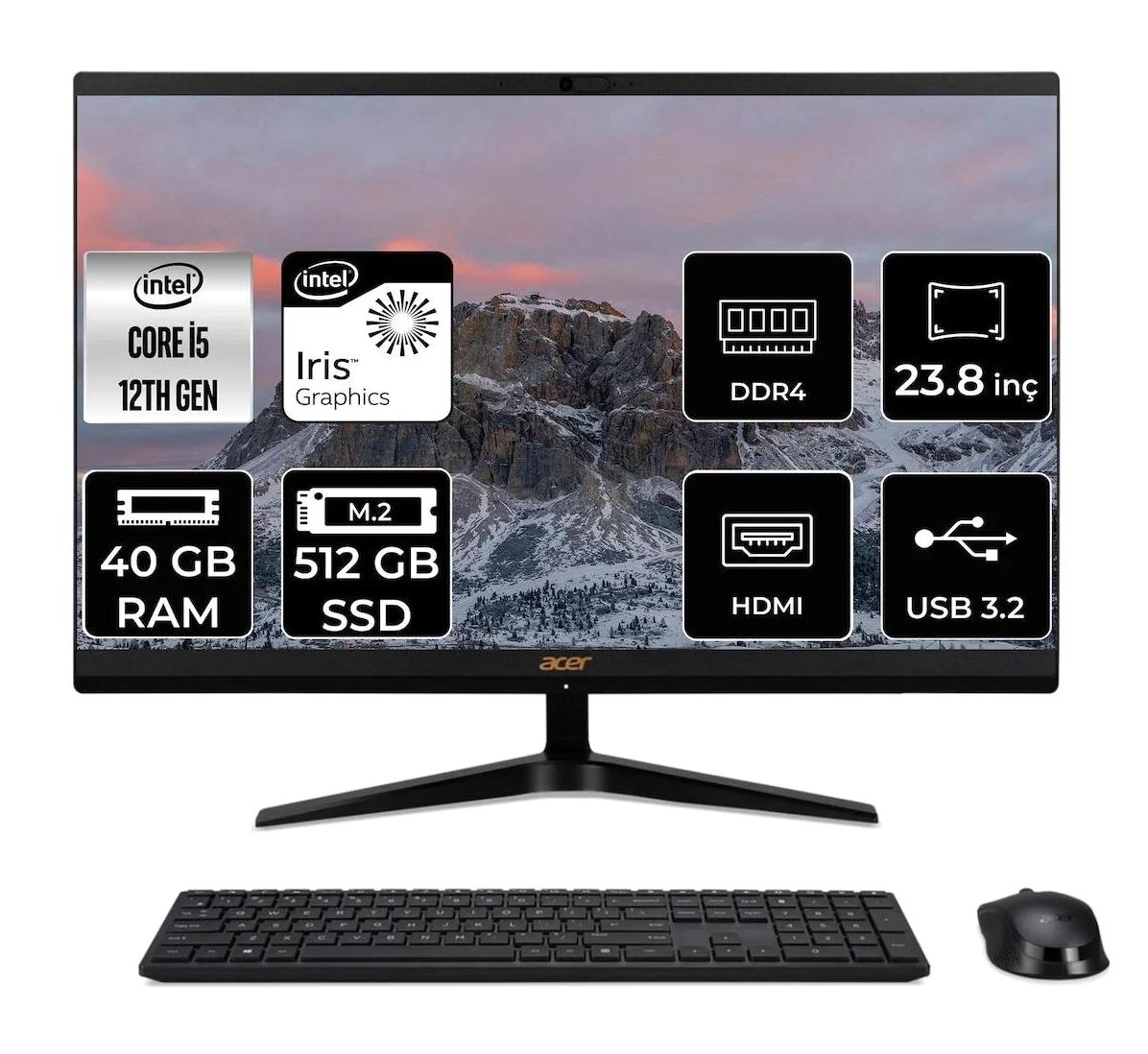 Acer Aspire C24-1700 DQ.BJWEM.006 Dahili Iris Xe Graphics Intel Core i5 1235U 40 GB Ram 512 GB SSD 23.8 inç Full HD Freedos All In One Bilgisayar
