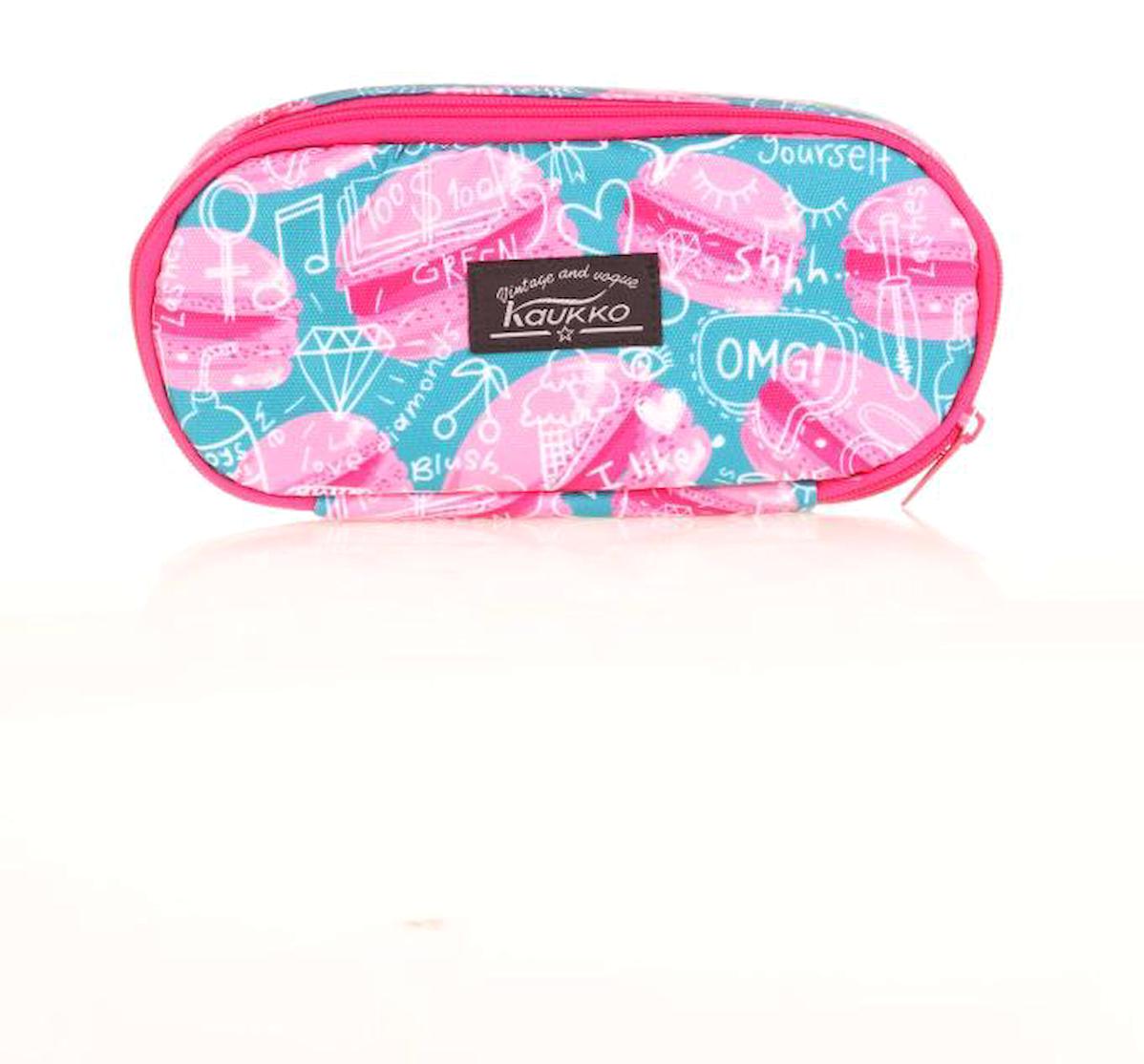 Kaukko K2628 Mavi-Pembe Düz Bez Bölmeli Tek Gözlü Makaron Oval Cüzdan Kalemlik