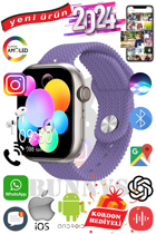 Rabbit Store Watch 9 Max+ 2024 Android GPS 45 mm Silikon Örgü Kordon Oval Unisex Akıllı Saat Mor + Kordon Hediye