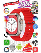 Bunnys Ultra Max 2024 Android GPS 49 mm Silikon Kordon Oval Unisex Akıllı Saat Kırmızı + Kordon Hediye