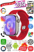 Bunnys Watch 9 Max+ 2024 Android GPS 45 mm Silikon Örgü Kordon Oval Unisex Akıllı Saat Kırmızı + Kordon Hediye