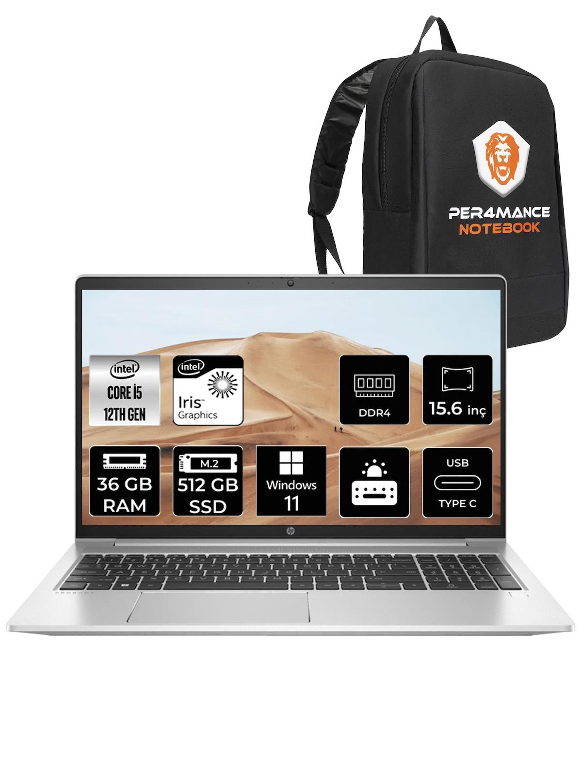 HP Probook 450 G9 6A178EA Harici Intel Iris Xe Graphics Eligible Intel Core i5 1235U 36 GB Ram 512 GB SSD 15.6 inç Full HD Windows 11 Home Laptop + PER4 Çanta