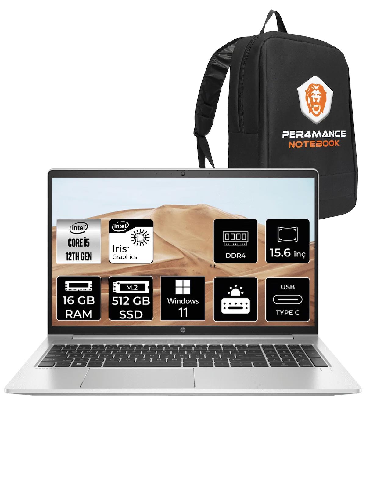 HP Probook 450 G9 6A178EA Harici Intel Iris Xe Graphics Eligible Intel Core i5 1235U 16 GB Ram 512 GB SSD 15.6 inç Full HD Windows 11 Pro Laptop + PER4 Çanta