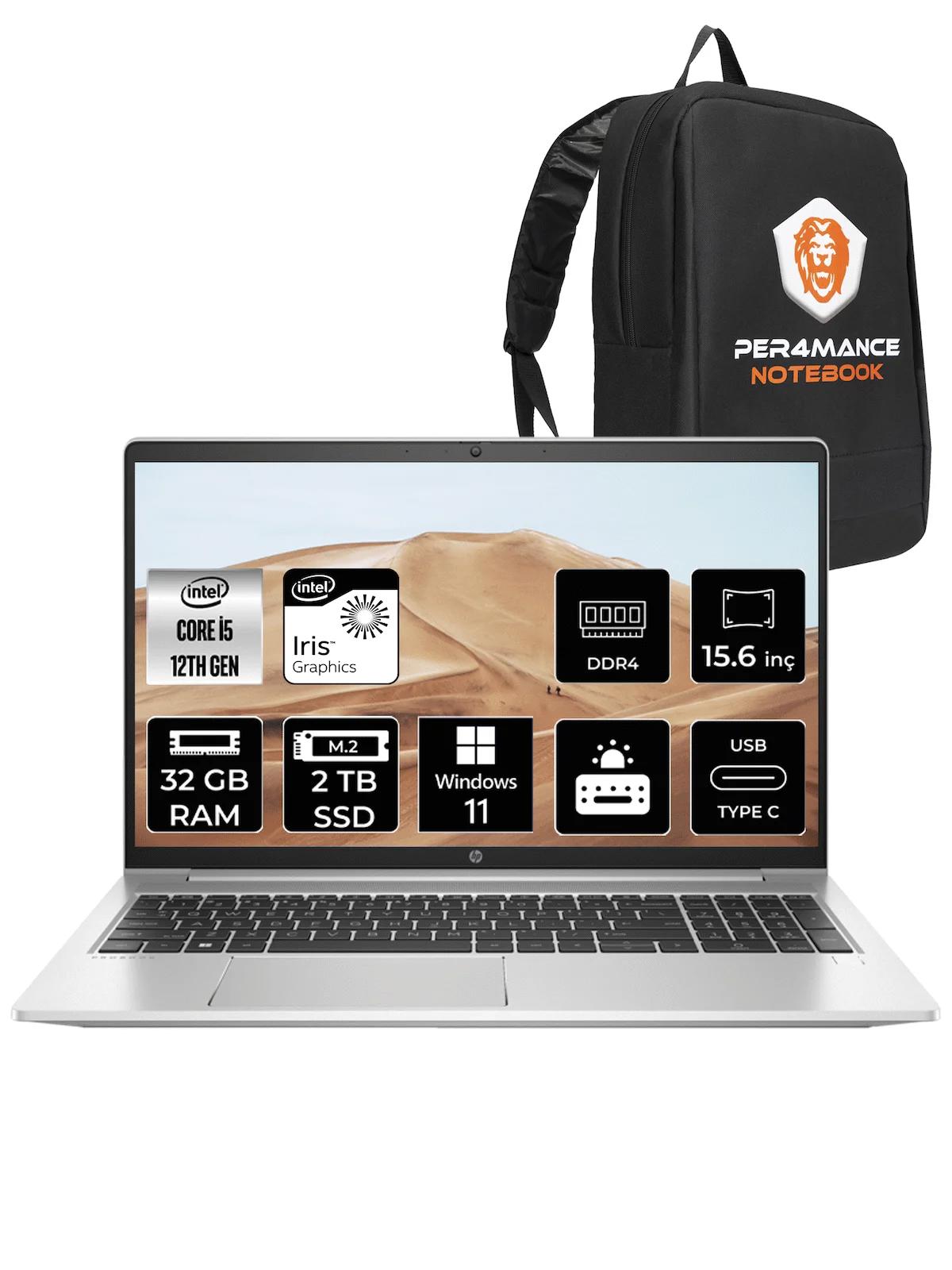 HP Probook 450 G9 6A178EA Harici Intel Iris Xe Graphics Eligible Intel Core i5 1235U 32 GB Ram 2 + 2 TB SSD 15.6 inç Full HD Windows 11 Home Laptop + PER4 Çanta
