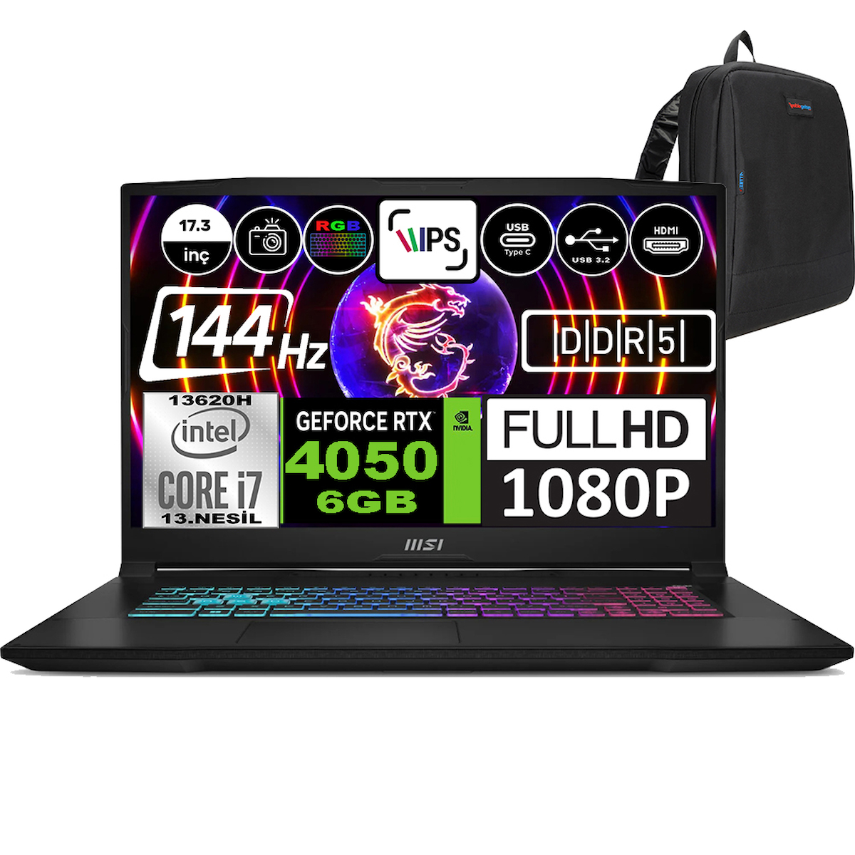 MSI Katana 17 B13VEK1035XTRWH05 Harici GeForce RTX 4050 Intel Core i7 13620H 32 GB Ram 512 GB SSD 17.3 inç Full HD Windows 11 Home Oyuncu Laptop + Zetta Çanta