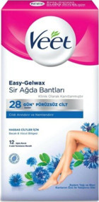 Veet Easy-Gelwax Badem Yağı ve Mavi Kantaron Özü Hassas Ciltler 12 Adet Tüm Vücut Ağda Bandı