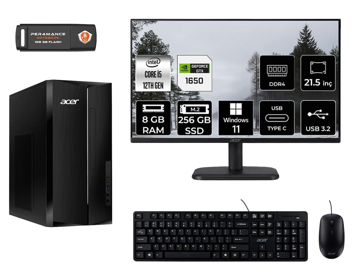 Acer Aspire TC1760 MDT005D651 Harici GeForce GTX 1650 Intel Core i5 12400 8 GB Ram 256 GB SSD Tower Windows 11 Home 21.5 inç Monitörlü Masaüstü Oyuncu Bilgisayarı