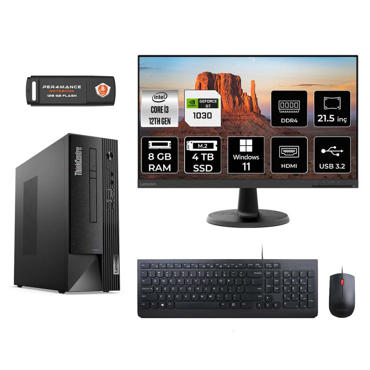 Lenovo Thinkcentre Neo 50S M02VTXD505 Harici GeForce GT 1030 Intel Core i3 12100 8 GB Ram 4 TB SSD Tower Windows 11 Home 21.5 inç Monitörlü Masaüstü Oyuncu Bilgisayarı