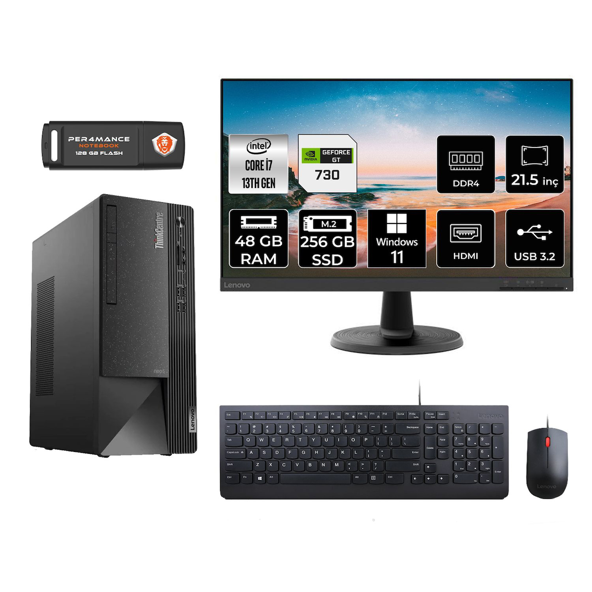 Lenovo Thinkcentre Neo 50T M08TRD391 Harici GeForce GT 730 Intel Core i7 13700 48 GB Ram 256 GB SSD Tower Windows 11 Home 21.5 inç Monitörlü Masaüstü Oyuncu Bilgisayarı