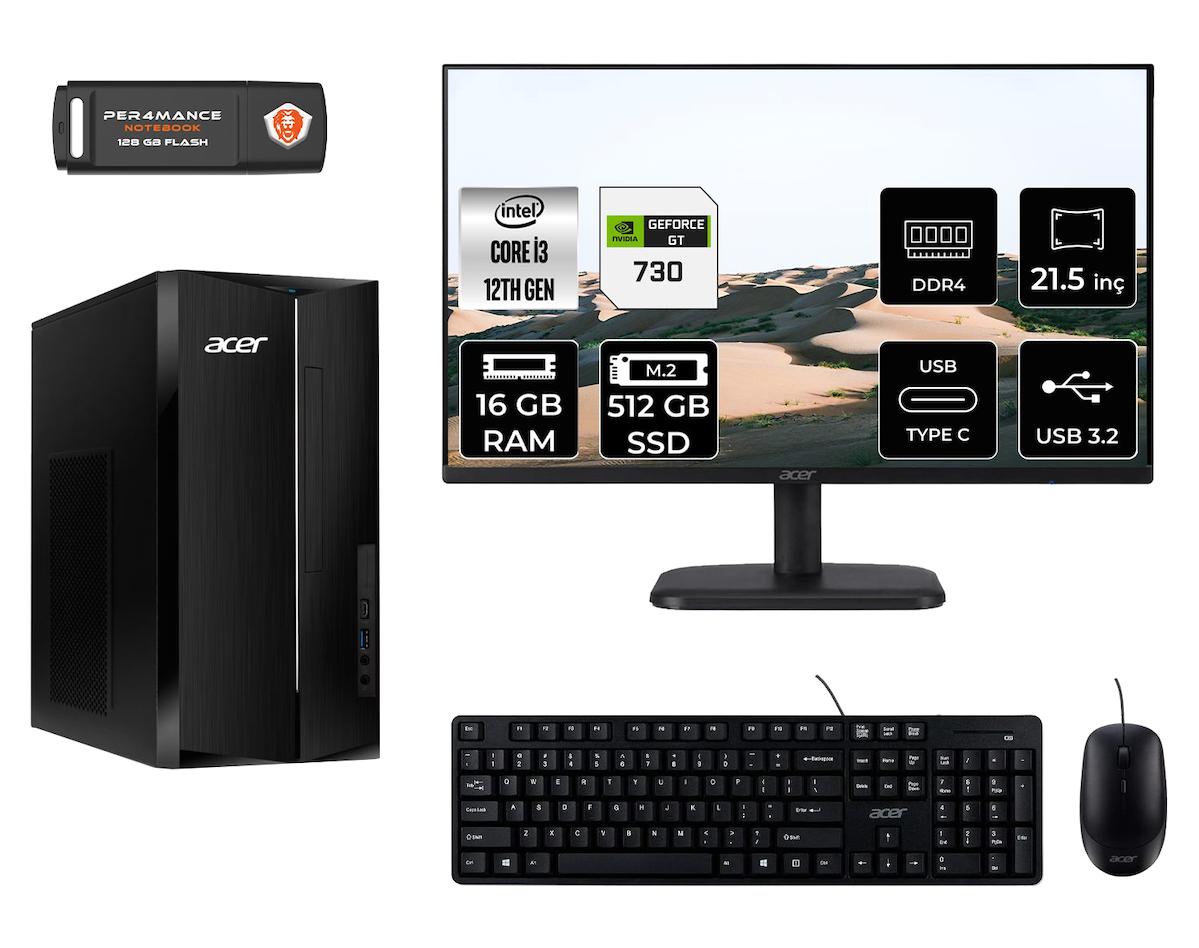 Acer Aspire TC1760 MDT004D312 Harici GeForce GT 730 Intel Core i3 12100 16 GB Ram 512 GB SSD Tower FreeDos 21.5 inç Monitörlü Masaüstü Oyuncu Bilgisayarı