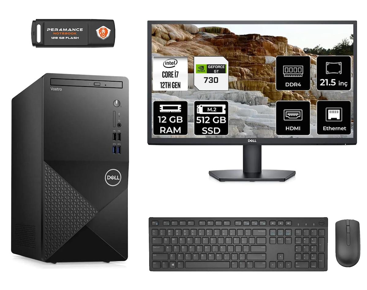 Dell Vostro 3910 MN753910D307 Harici GeForce GT 730 Intel Core i7 12700 12 GB Ram 512 GB SSD Tower FreeDos 21.5 inç Monitörlü Masaüstü Oyuncu Bilgisayarı