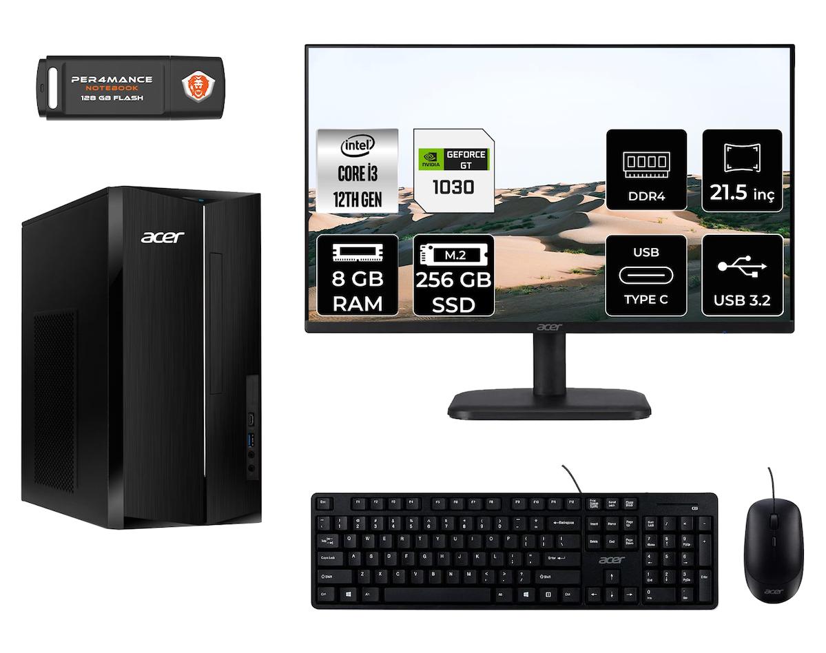 Acer Aspire TC1760 MDT004D451 Harici GeForce GT 1030 Intel Core i3 12100 8 GB Ram 256 GB SSD Tower FreeDos 21.5 inç Monitörlü Masaüstü Oyuncu Bilgisayarı