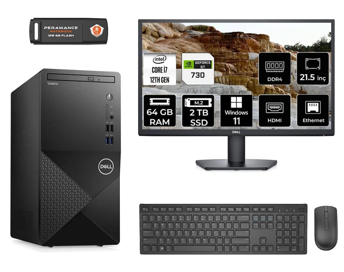 Dell Vostro 3910 MN753910D449 Harici GeForce GT 730 Intel Core i7 12700 64 GB Ram 2 TB SSD Tower Windows 11 Pro 21.5 inç Monitörlü Masaüstü Oyuncu Bilgisayarı