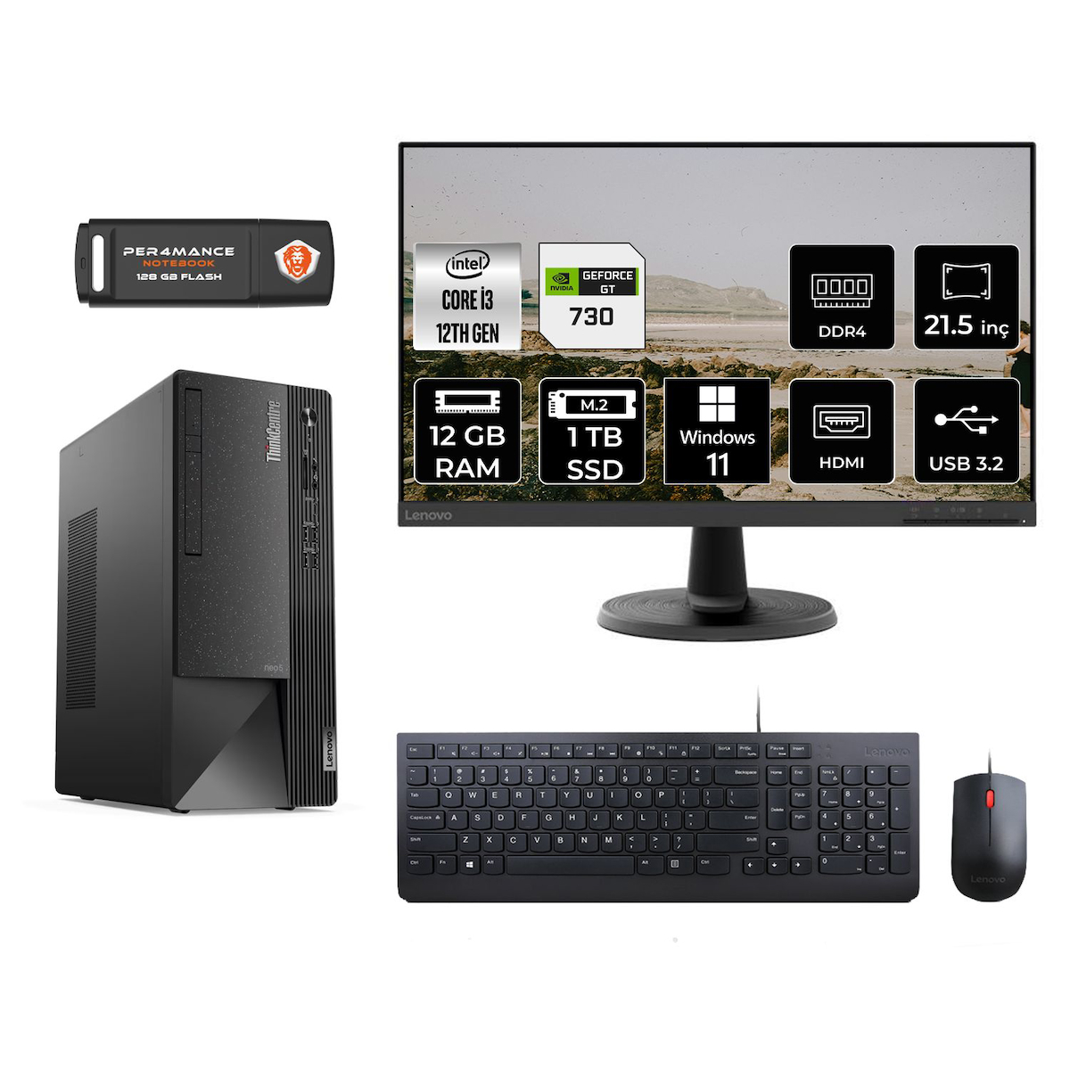 Lenovo Thinkcentre Neo 50T M01ATXD358 Harici GeForce GT 730 Intel Core i3 12100 12 GB Ram 1 TB SSD Tower Windows 11 Home 21.5 inç Monitörlü Masaüstü Oyuncu Bilgisayarı