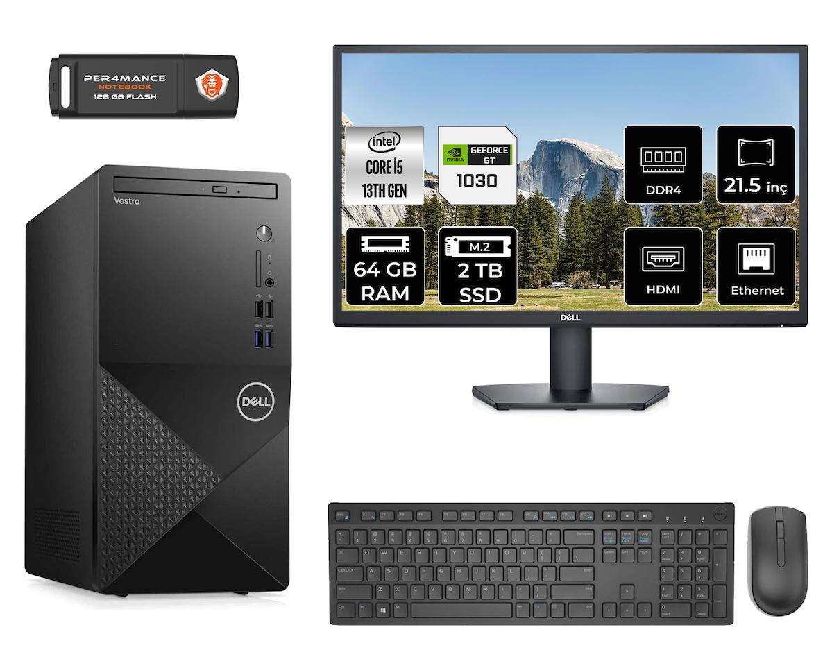 Dell Vostro 3020 MN30201D499 Harici GeForce GT 1030 Intel Core i5 13400 64 GB Ram 2 TB SSD Tower FreeDos 21.5 inç Monitörlü Masaüstü Oyuncu Bilgisayarı