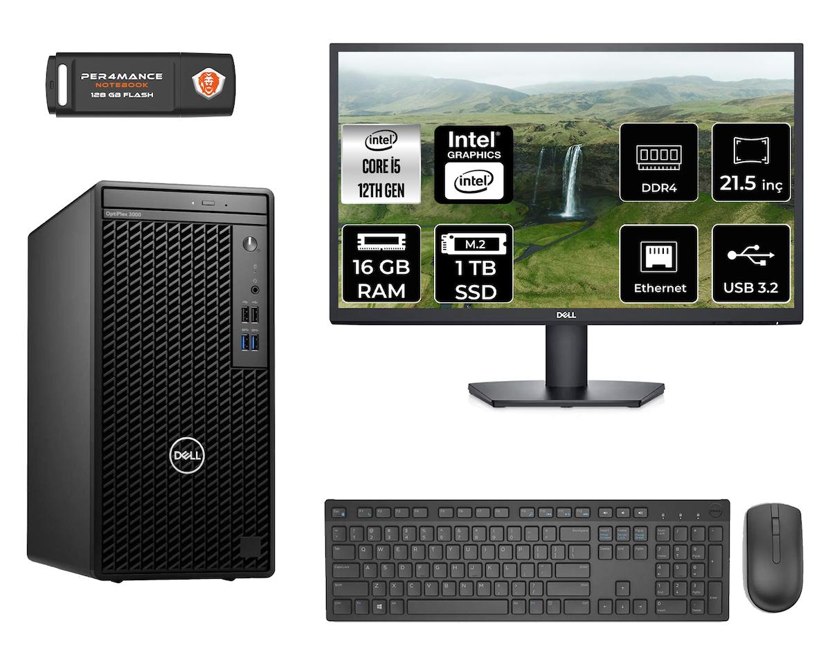 Dell Optiplex 3000 MNO3000D013 Dahili Intel UHD Graphics 770 Intel Core i5 12500 16 GB Ram 1 TB SSD Tower FreeDos 21.5 inç Monitörlü Masaüstü Bilgisayar