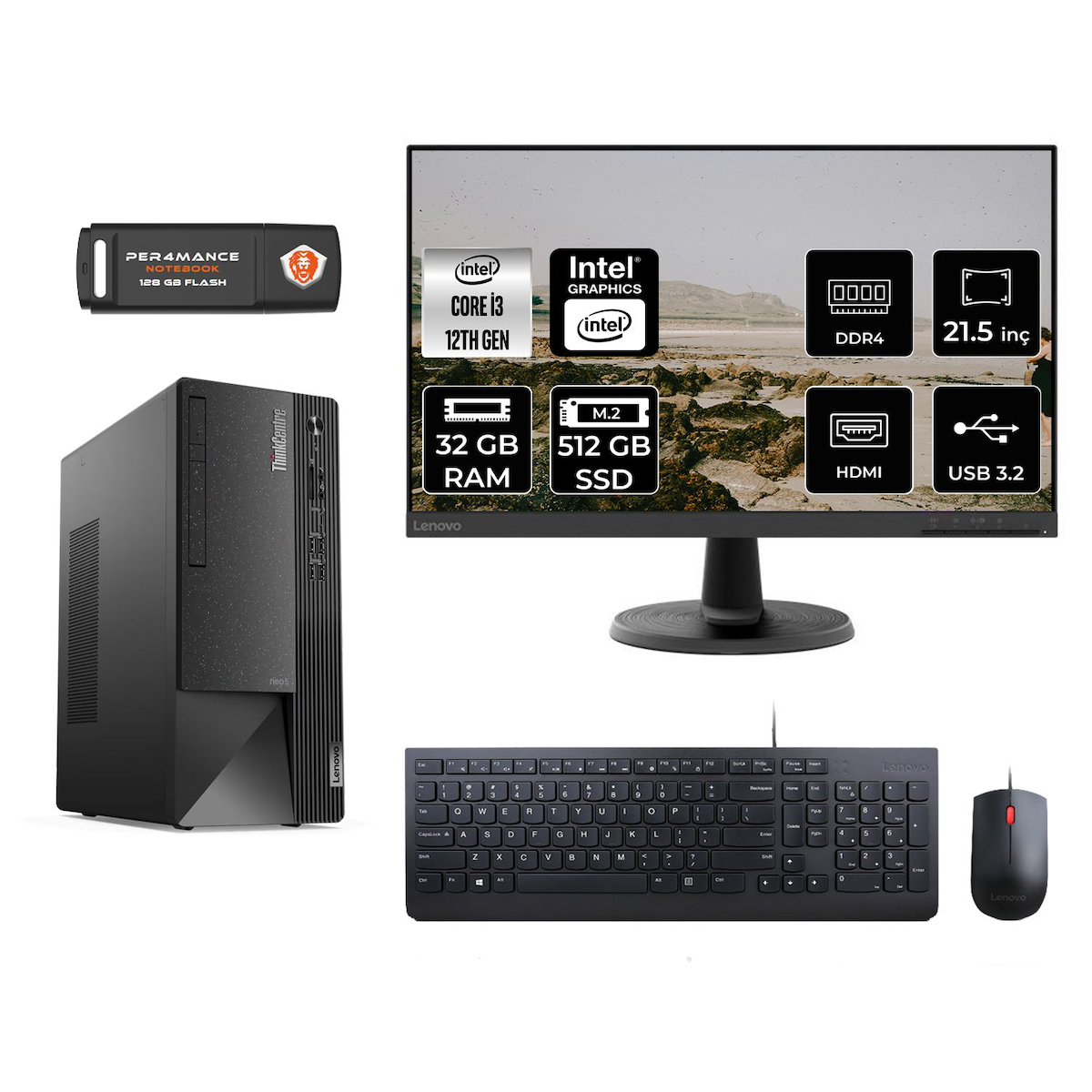 Lenovo Thinkcentre Neo 50T M01ATXD027 Dahili Intel UHD Graphics 730 Intel Core i3 12100 32 GB Ram 512 GB SSD Tower FreeDos 21.5 inç Monitörlü Masaüstü Bilgisayar