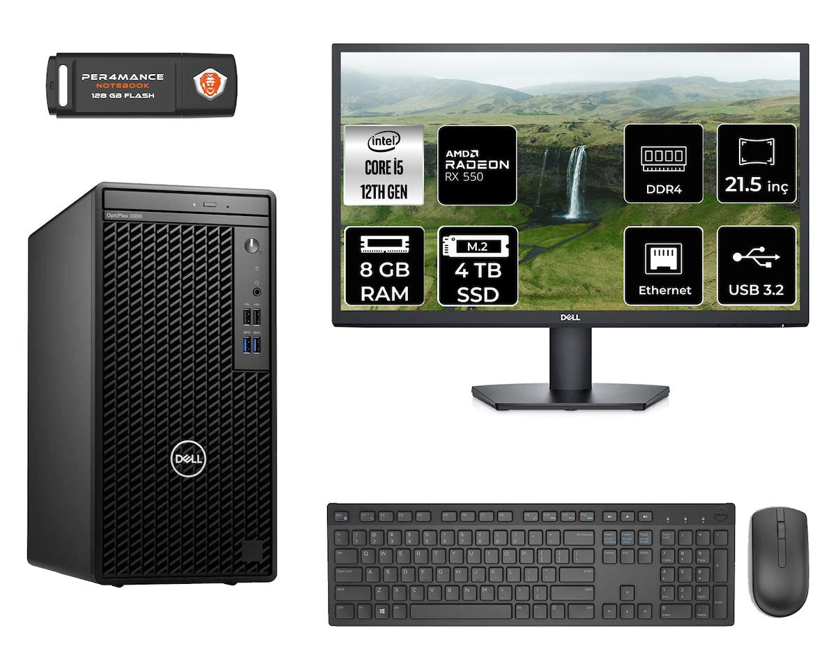Dell Optiplex 3000 MNO3000D155 Dahili Intel UHD Graphics 770 Intel Core i5 12500 8 GB Ram 4 TB SSD Tower FreeDos 21.5 inç Monitörlü Masaüstü Bilgisayar