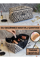 Smyak Bölmeli Çok Renkli Geometrik Desenli Polyester Midi Boy Çok Gözlü Makyaj Çantası