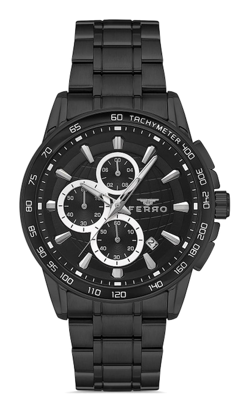 Ferro FM31441A-G Takvimli 44 mm Siyah Metal Kordon Analog Erkek Kol Saati