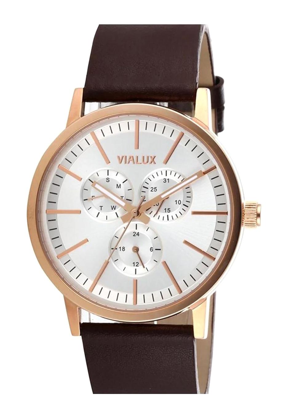 Vialux VX403-L04 Takvimli 42 mm Kahverengi Deri Kordon Analog Erkek Kol Saati