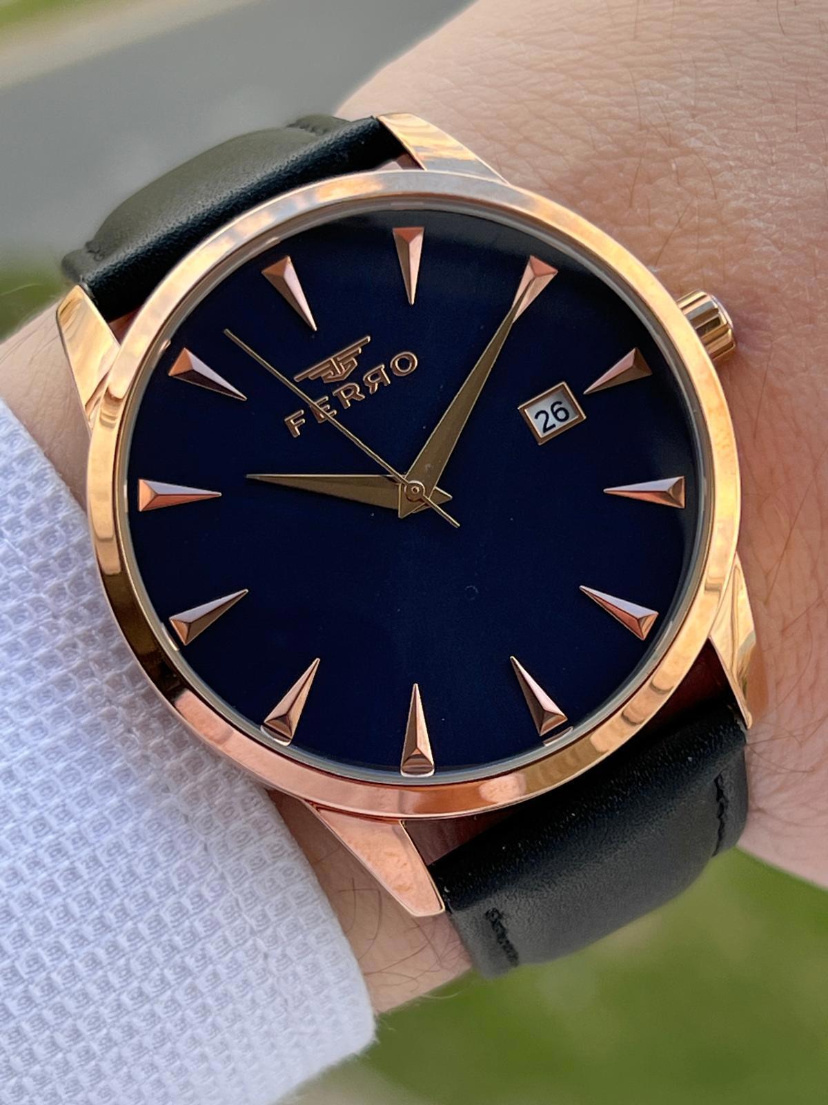 Ferro EF.11086-H Takvimli 44 mm Lacivert-Rose Gold Deri Kordon Analog Erkek Kol Saati