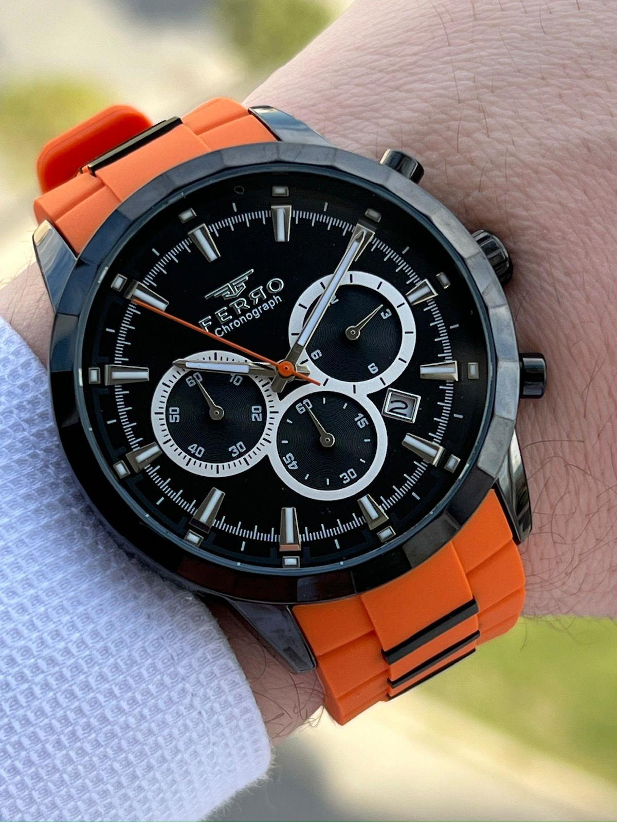 Ferro EF31360-ZL Su Geçirmez Takvimli 44 mm Turuncu Silikon Kordon Analog Erkek Kol Saati