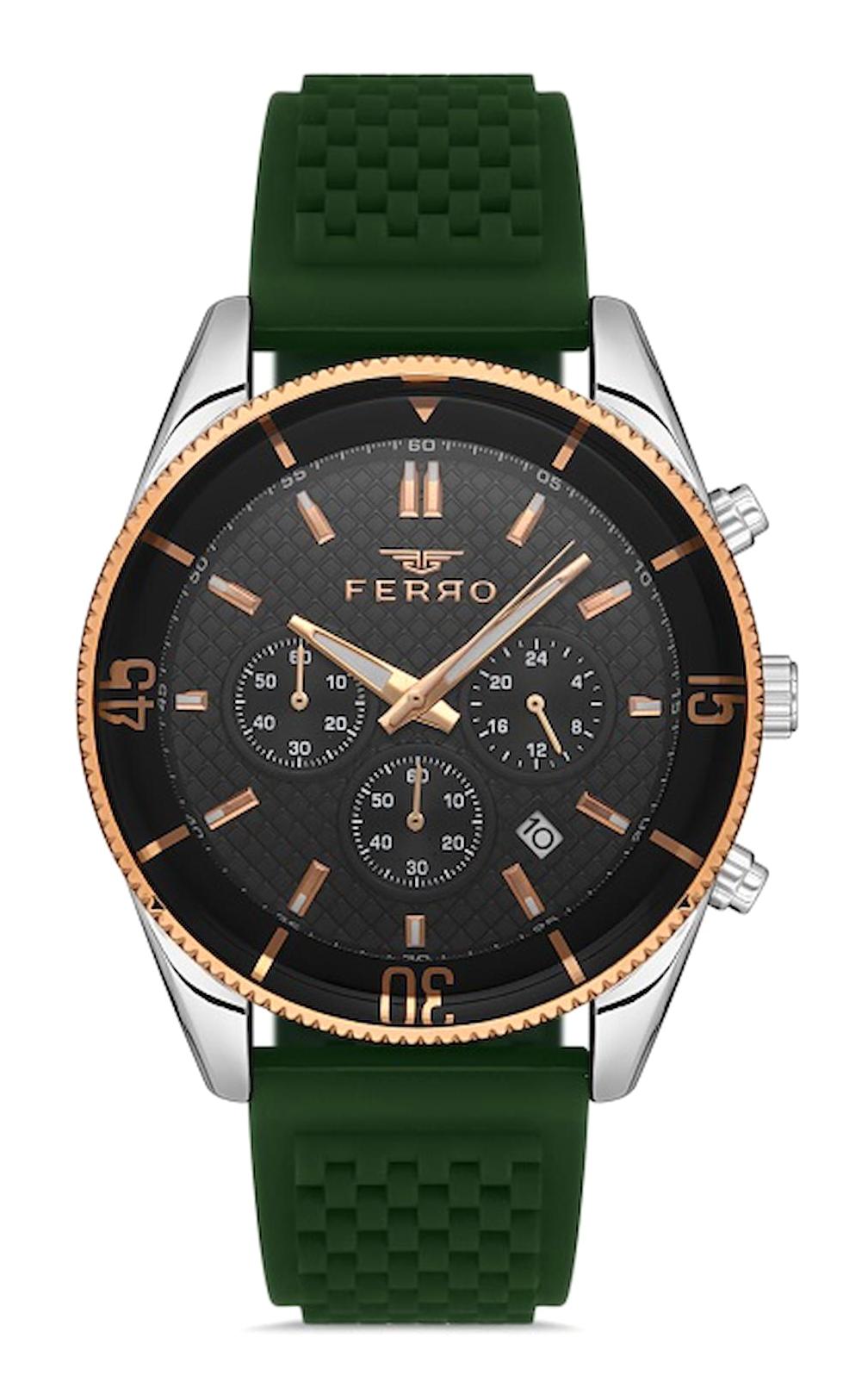 Ferro FM31920D-ZG Takvimli 44 mm Yeşil Silikon Kordon Analog Erkek Kol Saati