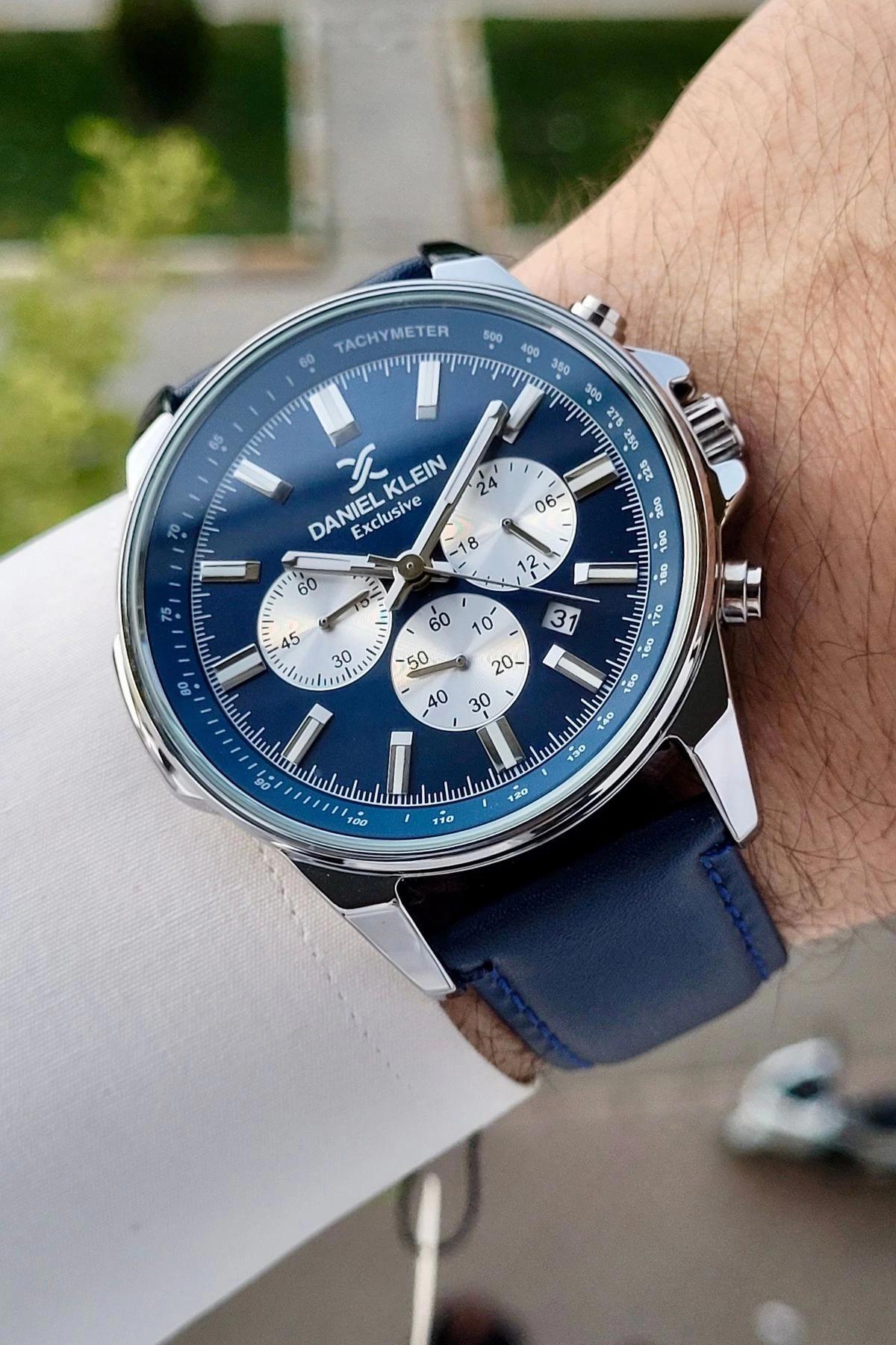 Daniel Klein DKISTE1198 Kronometreli Takvimli 42 mm Lacivert Deri Kordon Analog Erkek Kol Saati