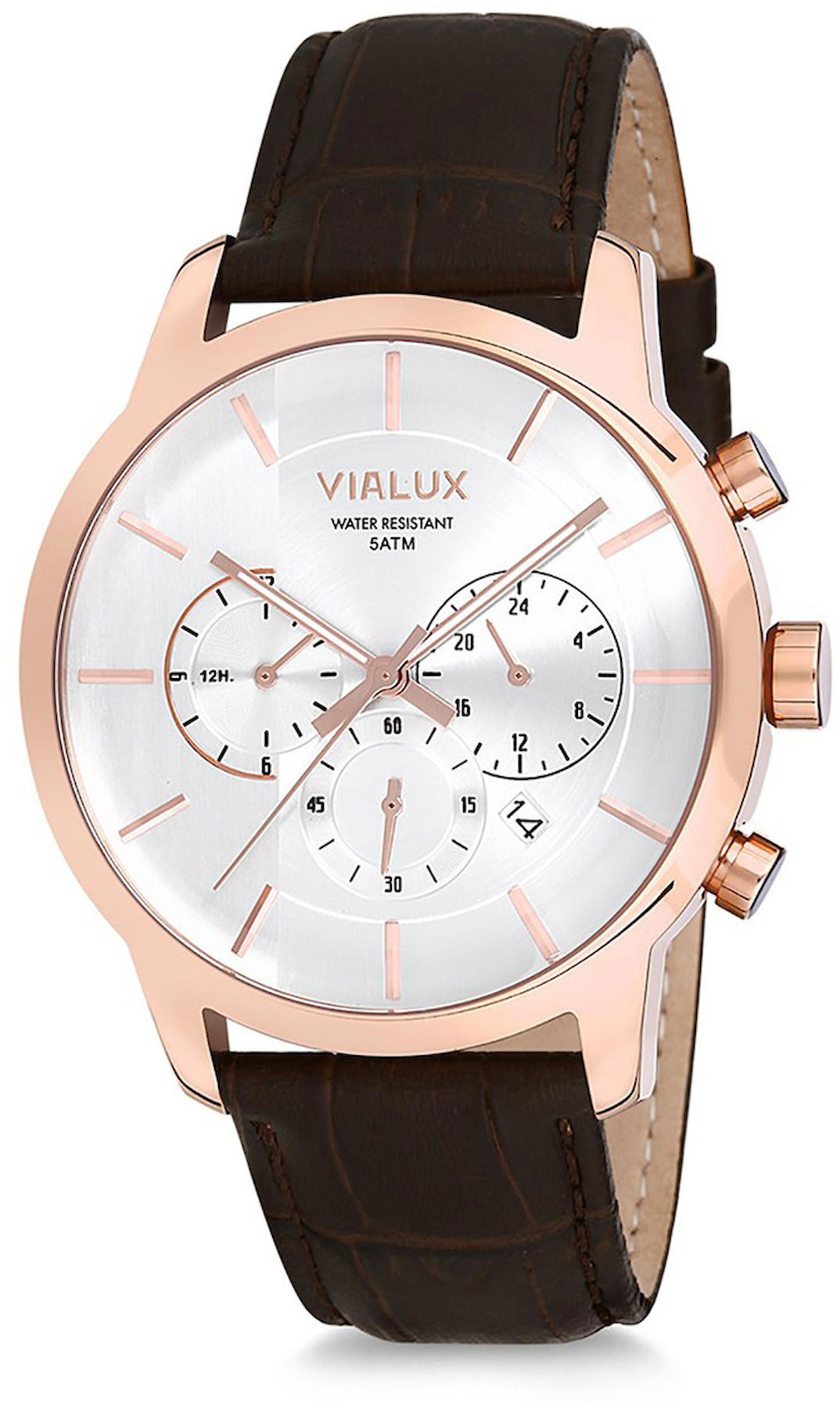 Vialux VX555R-02KR Takvimli 44 mm Kahverengi Deri Kordon Analog Kol Saati