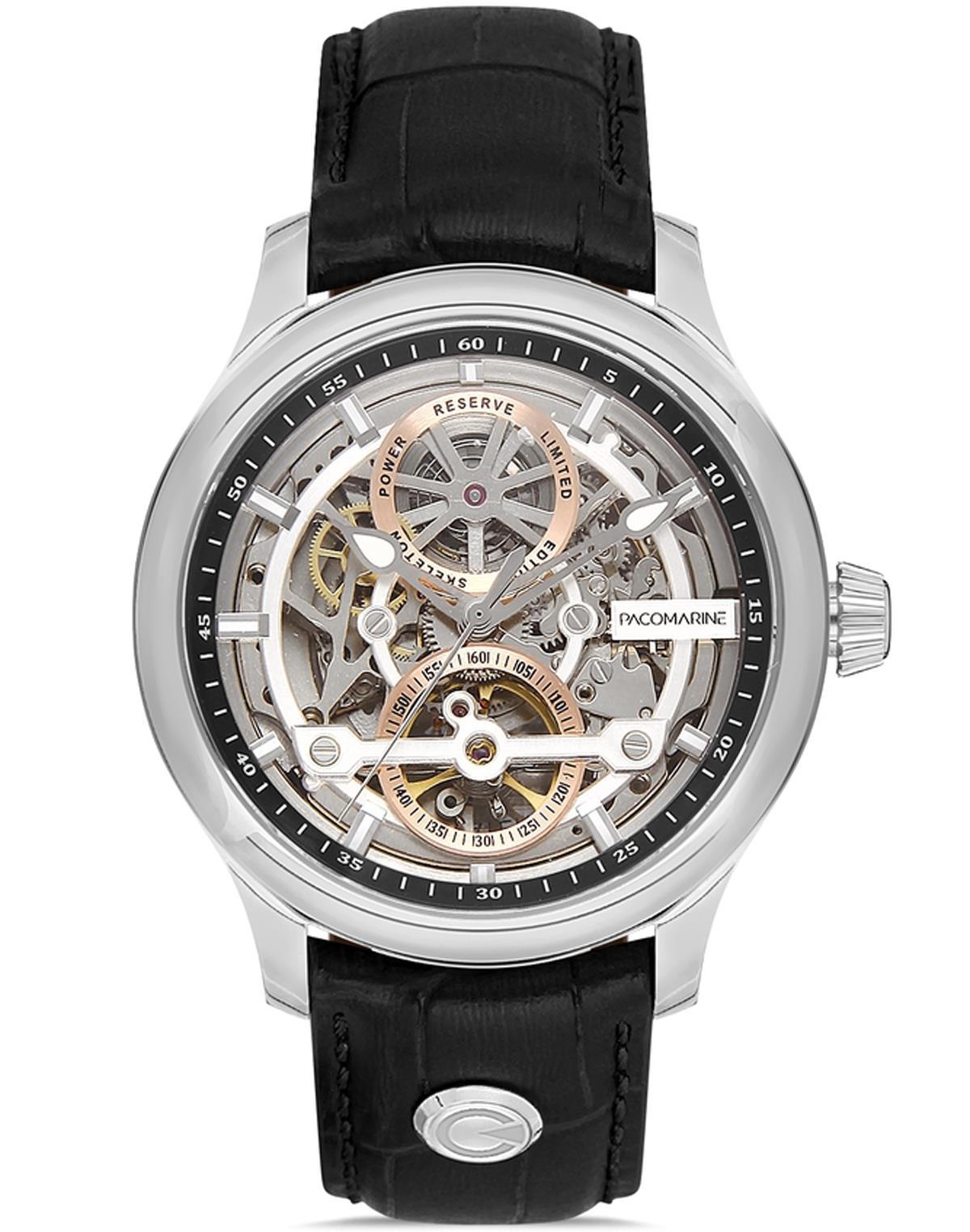Pacomarine PM.28008.01 44 mm Siyah Deri Kordon Analog Erkek Kol Saati