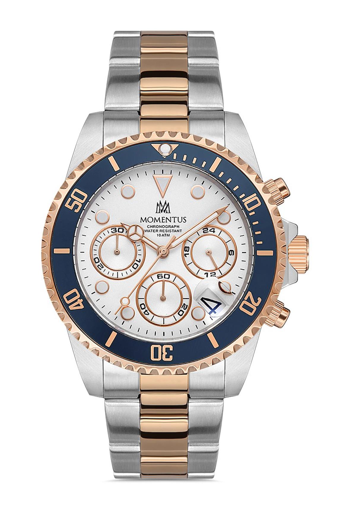 Momentus SM361T-02SR Takvimli 44 mm Altın-Çelik Kordon Analog Erkek Kol Saati