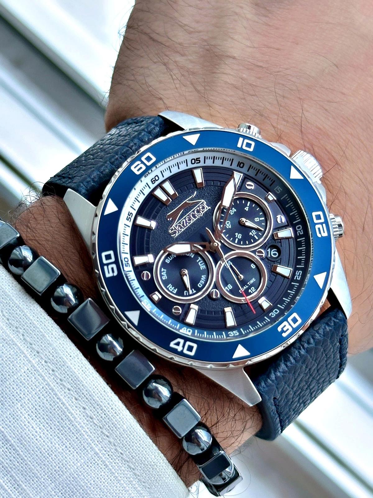 Slazenger SL.09.2330.2.02 Takvimli 44 mm Lacivert Deri Kordon Analog Erkek Kol Saati