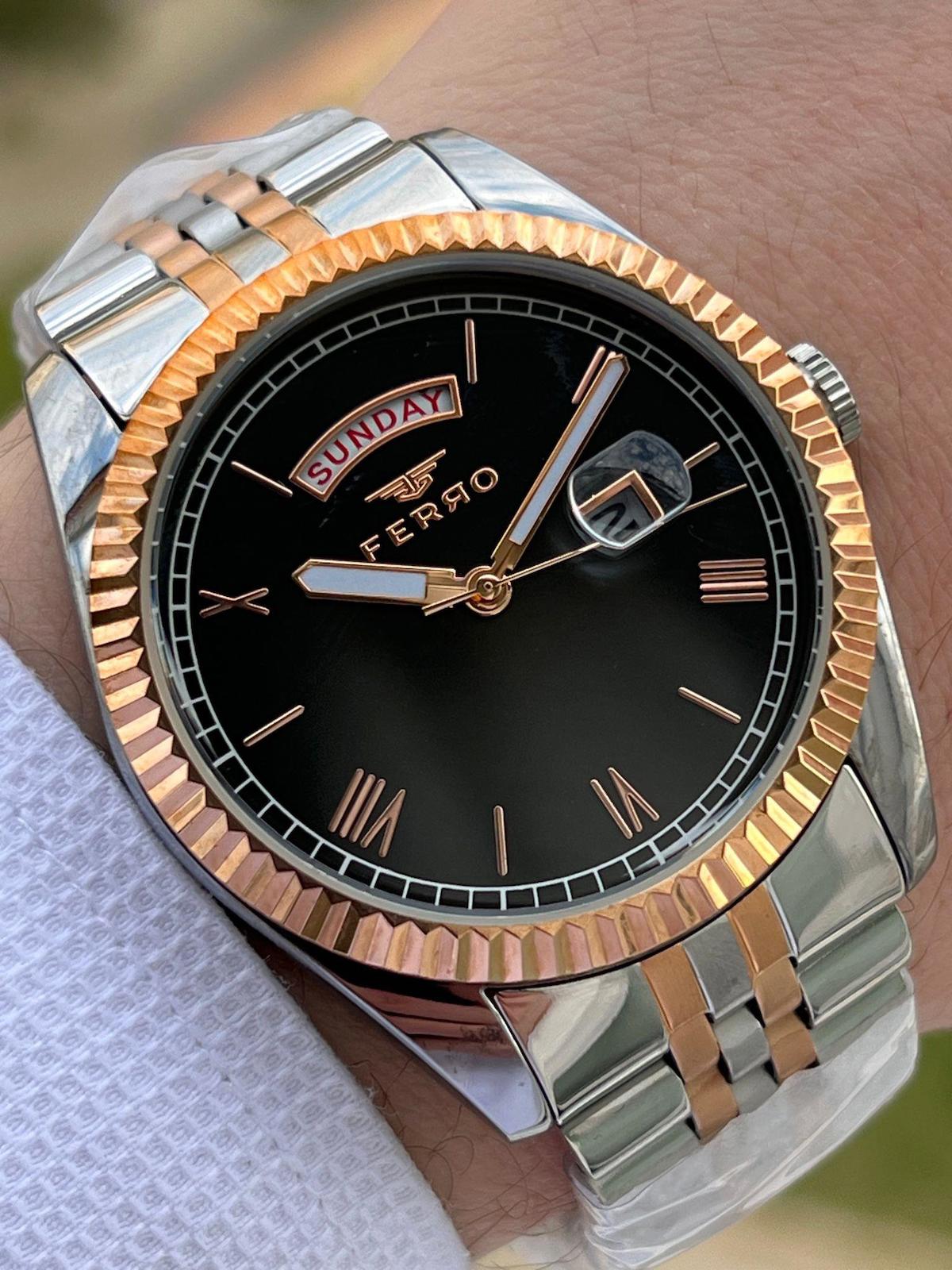 Ferro EFM11130-E2 Su Geçirmez Takvimli 44 mm Gri-Rose Gold Çelik Kordon Analog Erkek Kol Saati