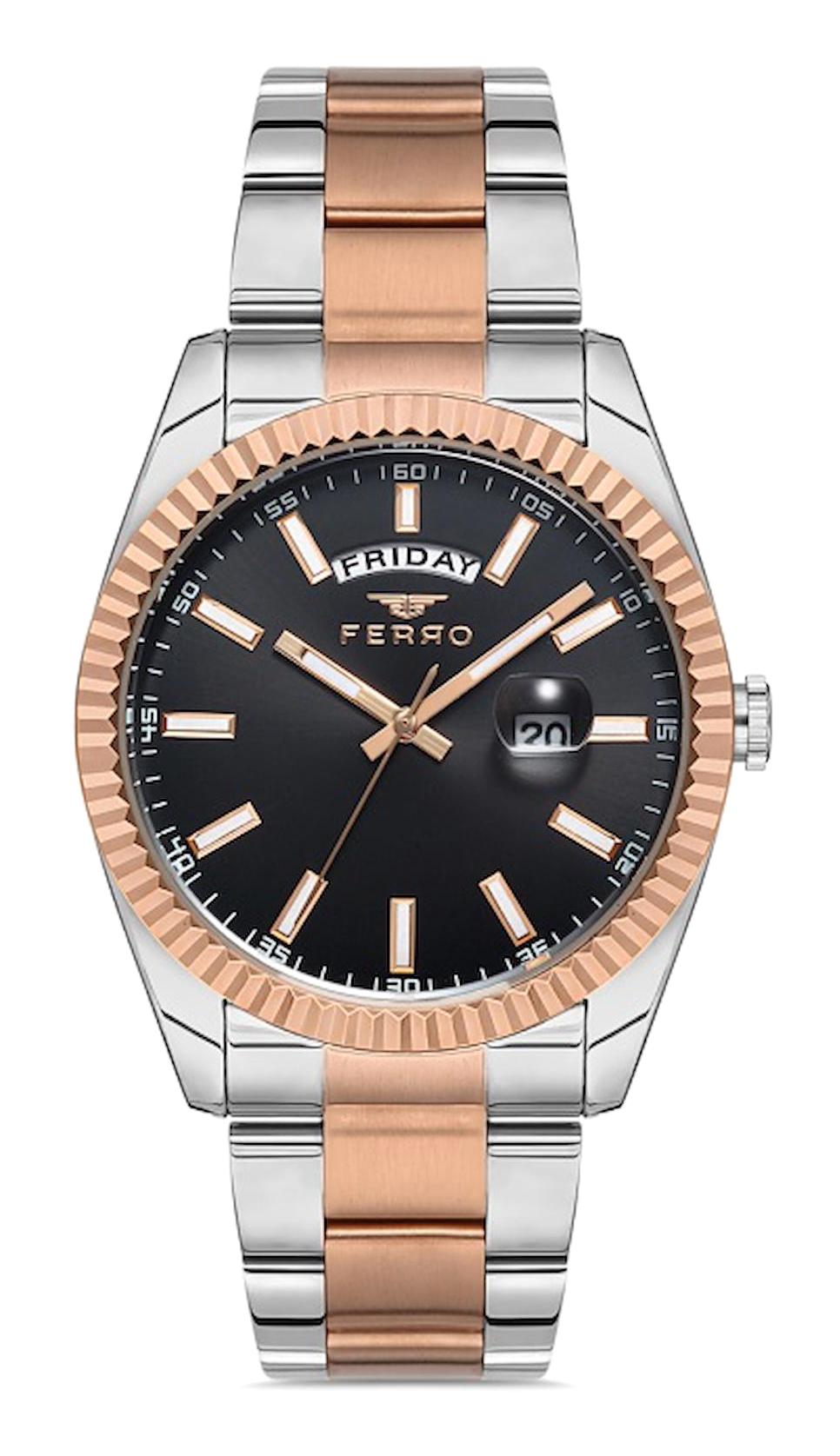 Ferro F11211A-E2 Takvimli 41 mm Gri-Rose Gold Metal Kordon Analog Erkek Kol Saati